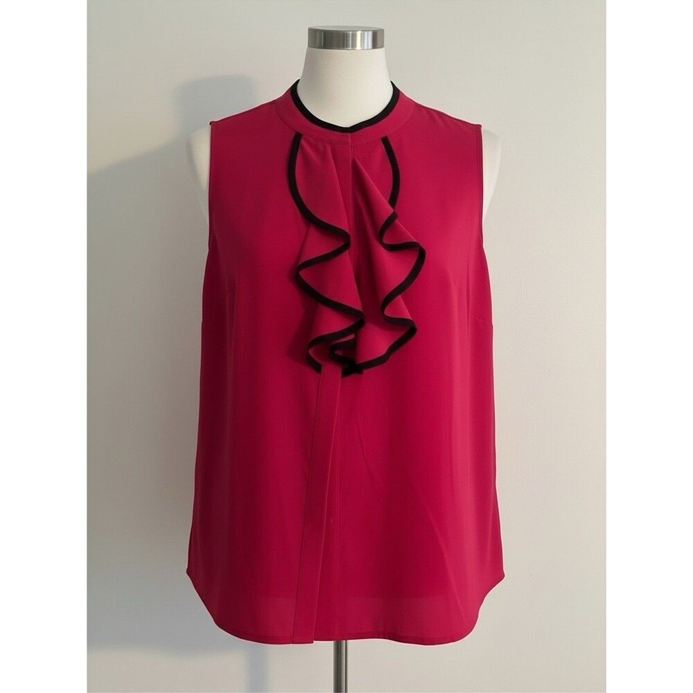 Women’s Calvin Klein Sleeveless Fuscia  & Black Piped-Ruffle Button Up Blouse 2X